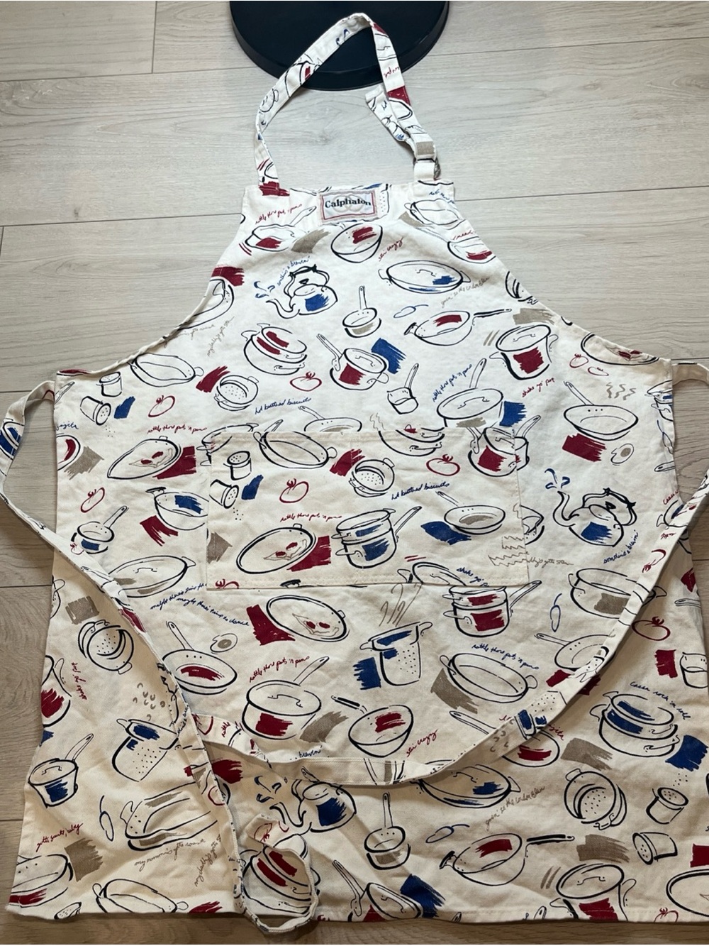 Calphalon Cream Apron with Red, Blue & Tan Cookware Print